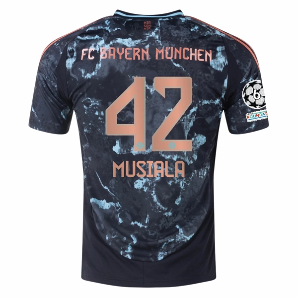 Breathable Underarm Gussets adidas Bayern Munich Authentic Jamal Musiala Away Jersey w/ Champions League Patches 24/25 (Black/Copper/Blue)