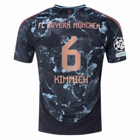 Thermal Barrier Interlock adidas Bayern Munich Authentic Joshua Kimmich Away Jersey w/ Champions League Patches 24/25 (Black/Copper/Blue)