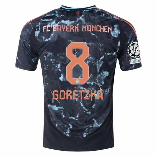 Anti Microbial Finish Comfort Fit Collar adidas Bayern Munich Authentic Leon Goretzka Away Jersey w/ Champions League Patches 24/25 (Black/Copper/Blue)
