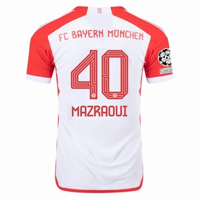 adidas Bayern Munich Authentic Noussair Mazraoui Home Jersey w/ Champions League Patches 23/24 (White/Red) Wind Resistant Outer Layer Zero Waste Manufacturing Process