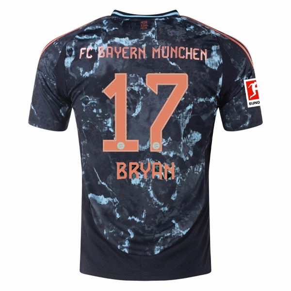 Seam Free Underarm Venting Flexible Collar Design adidas Bayern Munich Bryan Zaragoza Away Jersey w/ Bundesliga Patch 24/25 (Black/Copper/Blue)