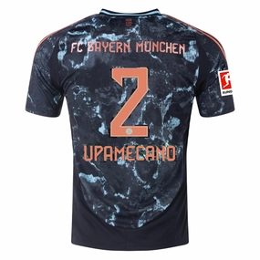 High Visibility Details adidas Bayern Munich Dayot Upamecano Away Jersey w/ Bundesliga Patch 24/25 (Black/Copper/Blue)