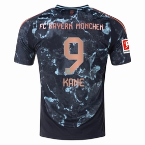 adidas Bayern Munich Harry Kane Away Jersey w/ Bundesliga Patch 24/25 (Black/Copper/Blue) Wicking Fiber Technology Lightweight Fit