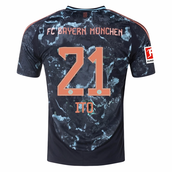 adidas Bayern Munich Hiroki Ito Away Jersey w/ Bundesliga Patch 24/25 (Black/Copper/Blue) Weightless Layering Material