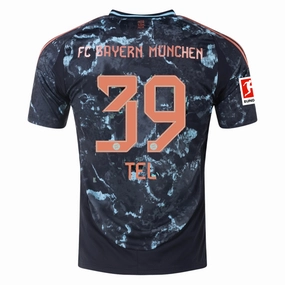 adidas Bayern Munich Mathias Tel Away Jersey w/ Bundesliga Patch 24/25 (Black/Copper/Blue) Four Way Stretch Fabric