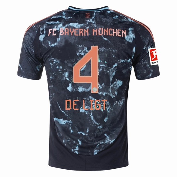 adidas Bayern Munich Matthijs de Ligt Away Jersey w/ Bundesliga Patch 24/25 (Black/Copper/Blue) Crisp Details