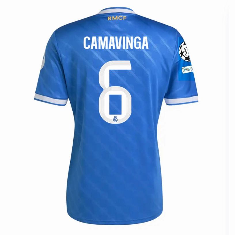 Lightweight Fit adidas Camavinga Men's Real Madrid Third Jersey 25/26 w/ Champions League Patches (Blue/White)