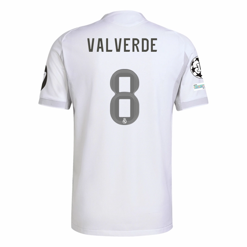 adidas Federico Santiago Valverde Dipetta Real Madrid 25/26 Home Jersey w/ Champions League Patches (White) Classic Fit