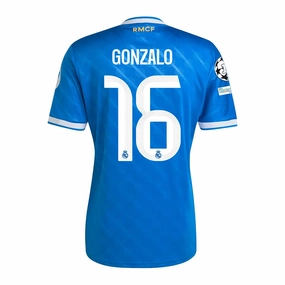 adidas Gonzalo Men's Real Madrid Third Jersey 25/26 w/ Champions League Patches (Blue/White) Reinforced Shoulder Panels Quick Drying