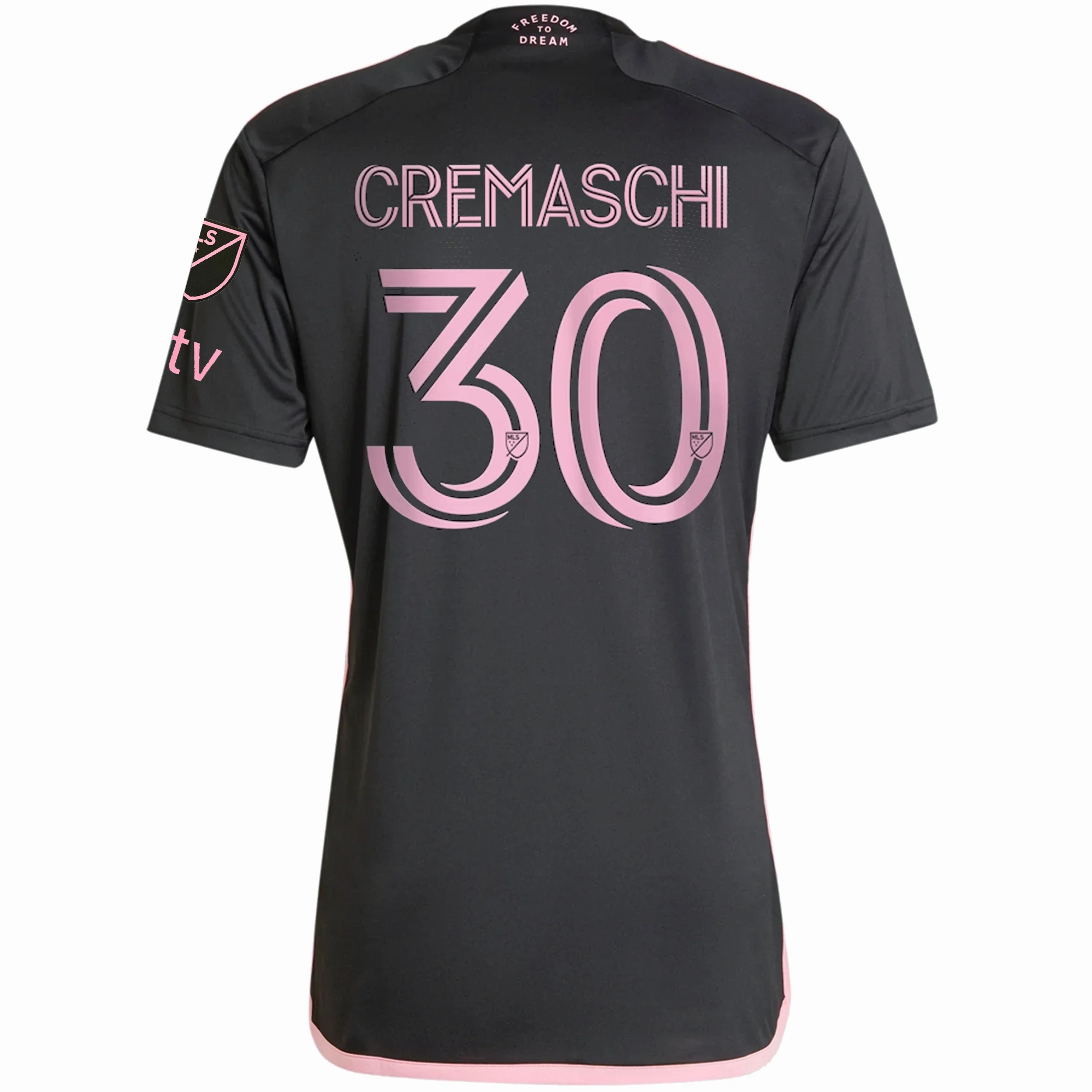 adidas Inter Miami Benjamin Cremaschi Royal Caribbean Away Jersey w/ MLS   Apple TV Patches 23/24 (Black/Bliss Pink) Quick Recovery Fabric Quick Repair Yarn