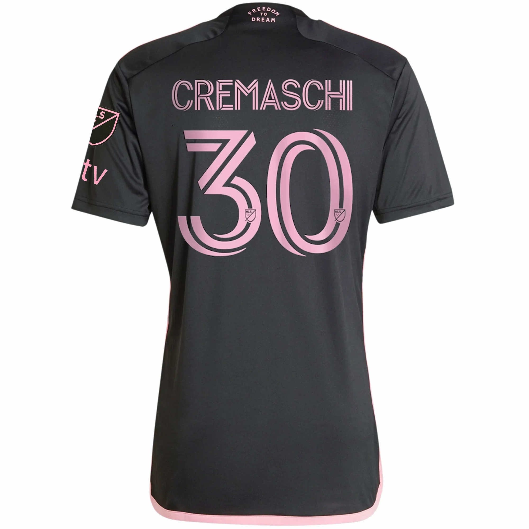 adidas Inter Miami Benjamin Cremaschi Royal Caribbean Away Jersey w/ MLS   Apple TV Patches 23/24 (Black/Bliss Pink) Aerobic Performance Fit
