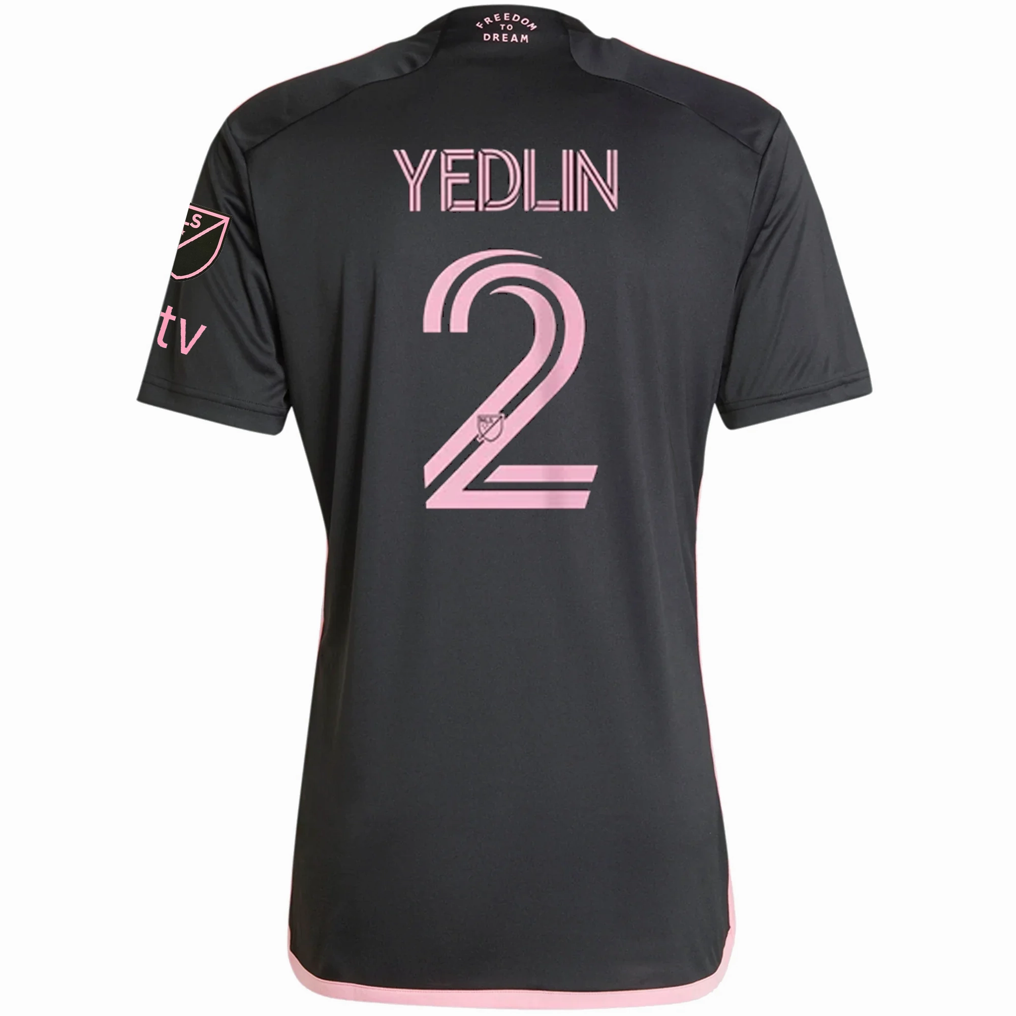 adidas Inter Miami DeAndre Yedlin Royal Caribbean Away Jersey w/ MLS   Apple TV Patches 23/24 (Black/Bliss Pink) Fit Tech Ribbed Collar Style