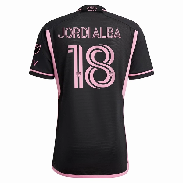 Four Way Stretch Fabric Non Restrictive Design adidas Inter Miami Jordi Alba Authentic Player Version Away Jersey 23/24 w/ MLS Patches (Black/Pink)