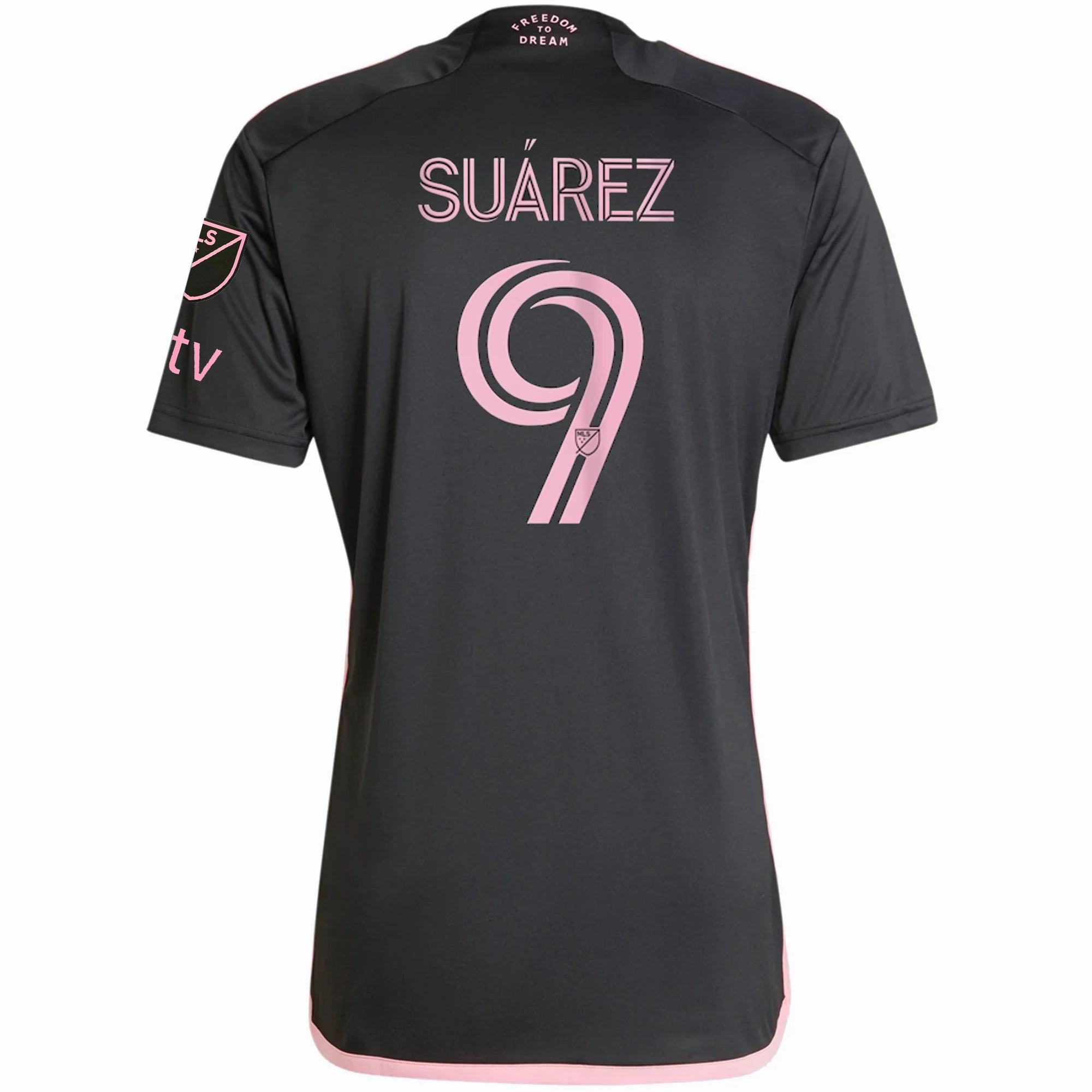 adidas Inter Miami Luis Suarez Royal Caribbean Away Jersey w/ MLS   Apple TV Patches 23/24 (Black/Bliss Pink) Multi Directional Stretch Panels Double Layered Edge Reinforcement