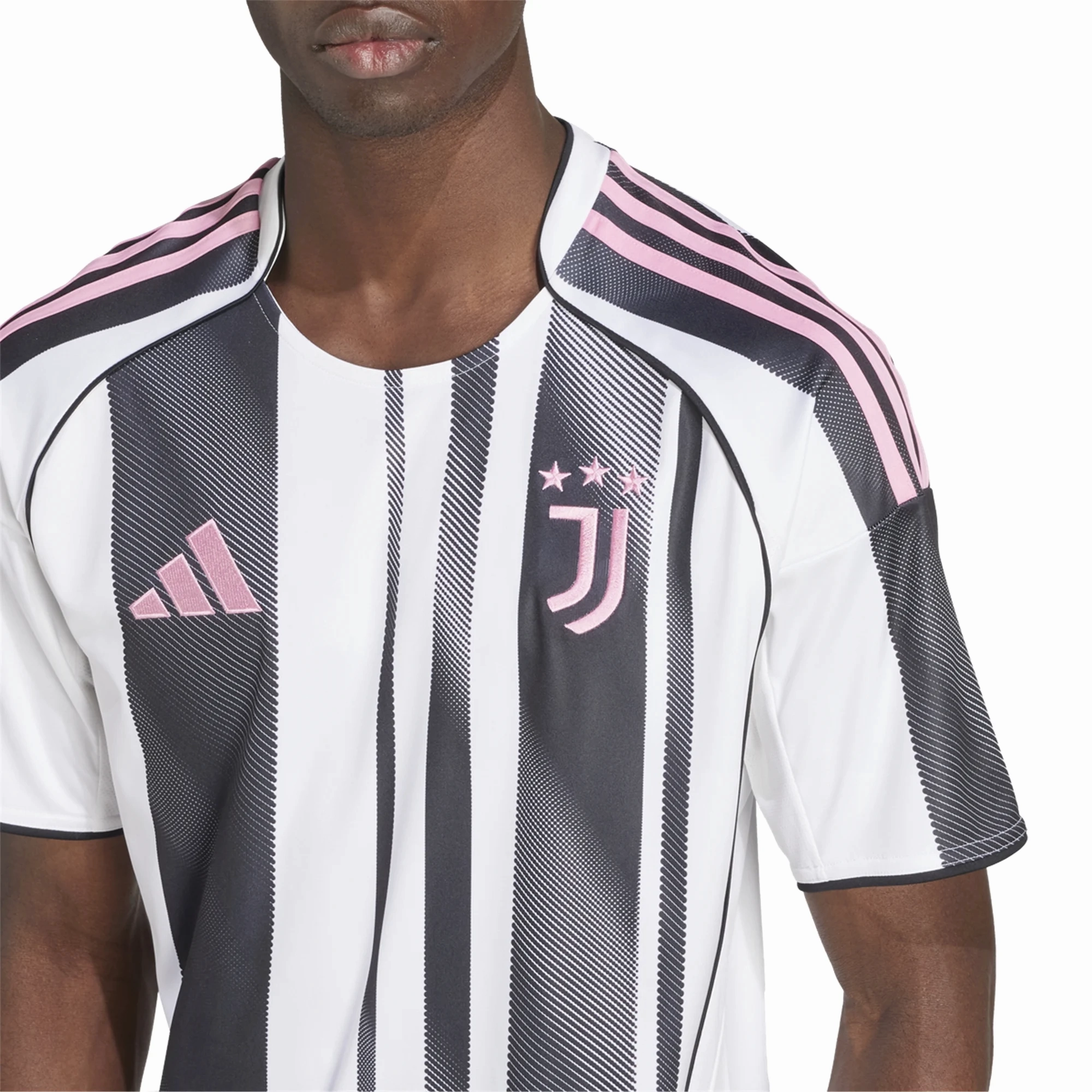 adidas Juventus Home Jersey w/ Champions League Patches 25/26 (White/Black/Pink) Reinforced Hemlines Moisture Control Fabric