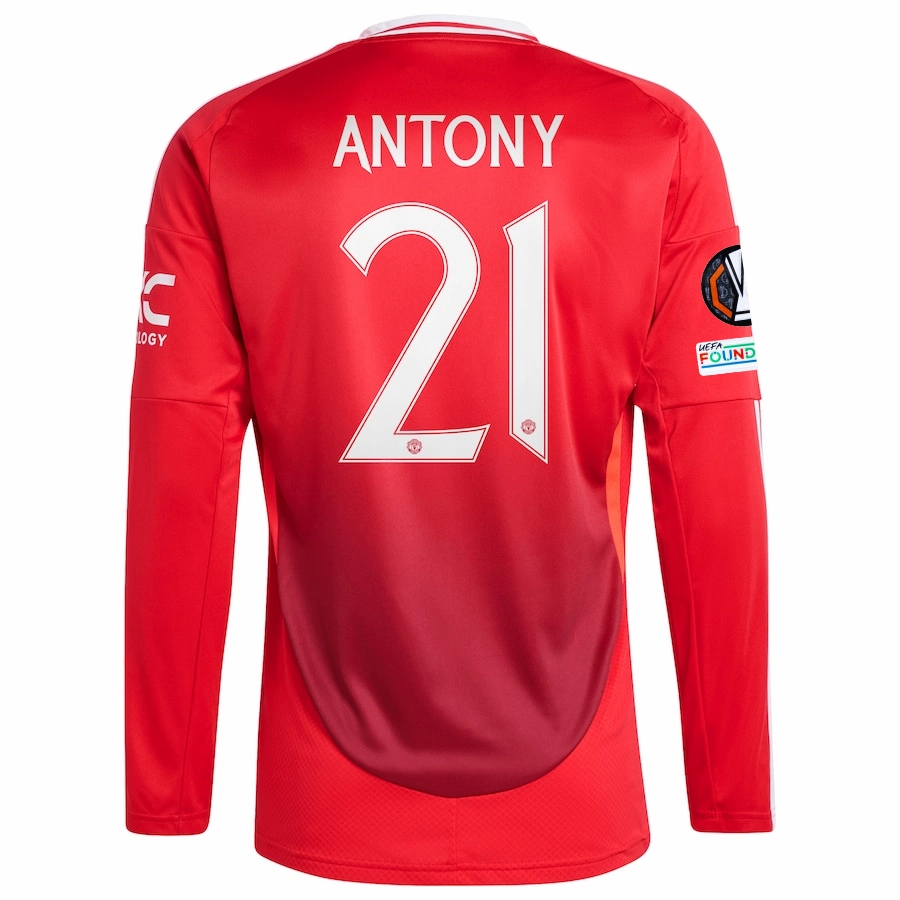 adidas Manchester United Antony Long Sleeve Home Jersey w/ Europa League Patches 24/25 (Red) Reinforced Hemlines