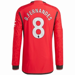 adidas Manchester United Authentic Bruno Fernandes Long Sleeve Home Jersey w/ EPL   No Room For Racism Patches 23/24 (Team College Red) Sustainable Dye Method Active Comfort