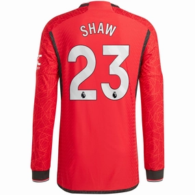 Reinforced Seams Non Restrictive Movement adidas Manchester United Authentic Luke Shaw Long Sleeve Home Jersey w/ EPL   No Room For Racism Patches 23/24 (Team College Red)