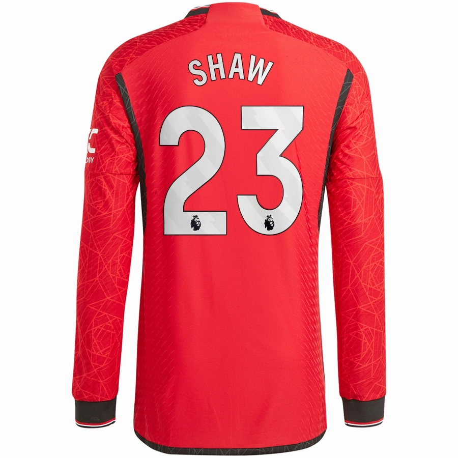 Reinforced Seams Non Restrictive Movement adidas Manchester United Authentic Luke Shaw Long Sleeve Home Jersey w/ EPL   No Room For Racism Patches 23/24 (Team College Red)