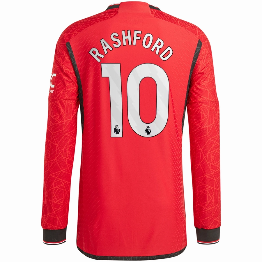 adidas Manchester United Authentic Marcus Rashford Long Sleeve Home Jersey w/ EPL   No Room For Racism Patches 23/24 (Team College Red) Ribbed Hem Detail Endurance Fit