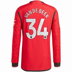 adidas Manchester United Authentic Van De Beek Long Sleeve Home Jersey w/ EPL   No Room For Racism Patches 23/24 (Team College Red) Reflective Detailing