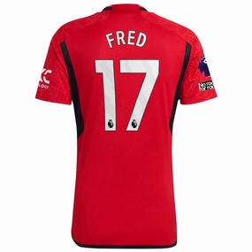 adidas Manchester United Fred Home Jersey 23/24 w/ EPL   No Room For Racism Patches (Team College Red) Stretch Fit Fabric Athletic Silhouette