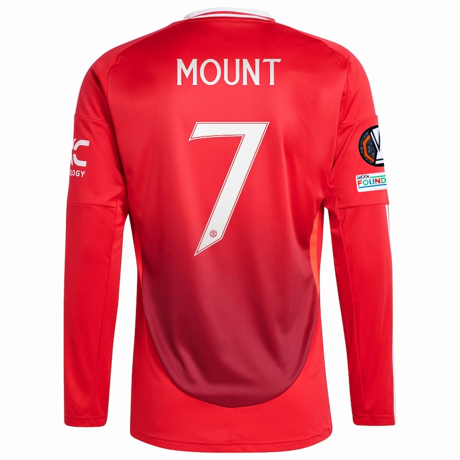 Light Training Wicking Fiber Technology adidas Manchester United Mason Mount Long Sleeve Home Jersey w/ Europa League Patches 24/25 (Red)