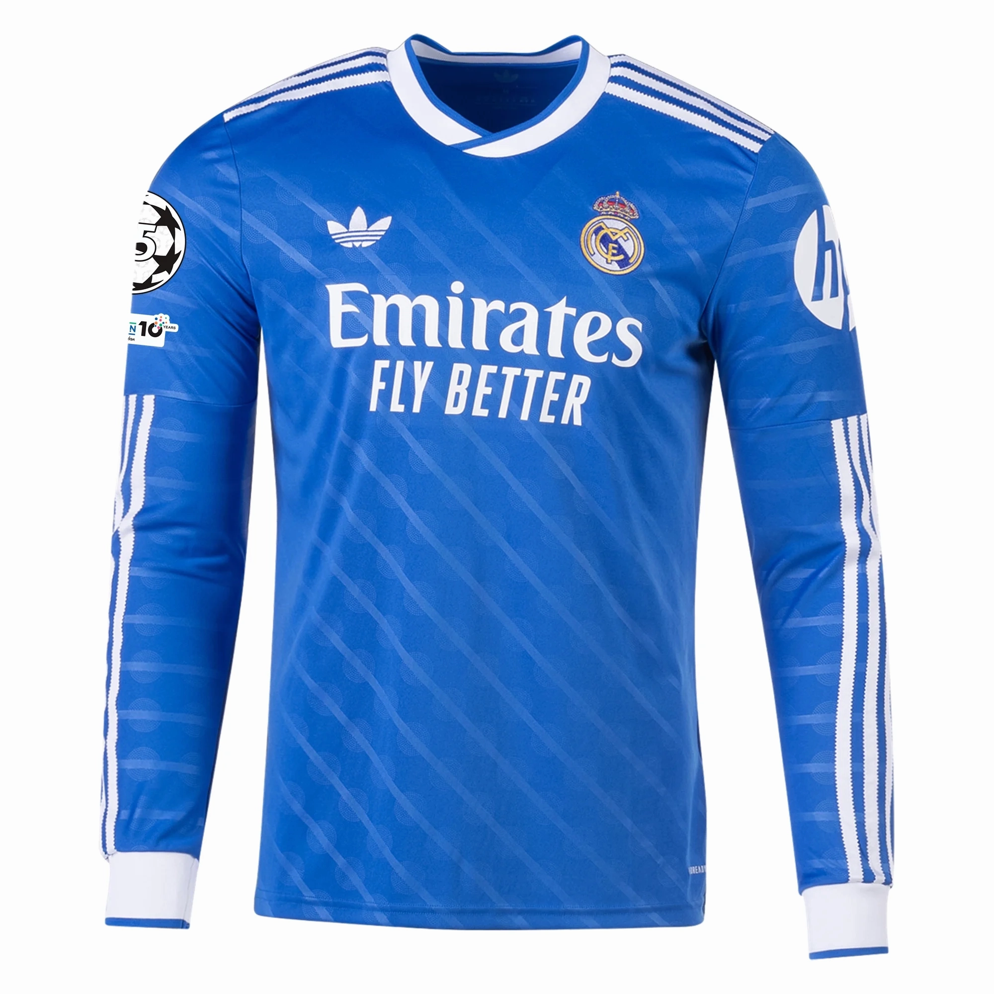 adidas Men's Real Madrid Jude Bellingham Long Sleeve Third Jersey w/ Champions League Patches 25/26 (Blue/White) Quick Flex