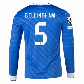 All Day Fit adidas Men's Real Madrid Jude Bellingham Long Sleeve Third Jersey w/ Champions League Patches 25/26 (Blue/White)