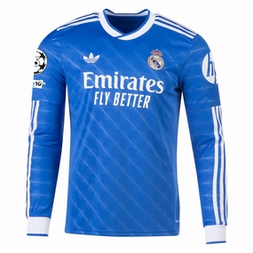 match day Endurance Fit adidas Men's Real Madrid Long Sleeve Third Jersey w/ Champions League Patches 25/26 (Blue/White)