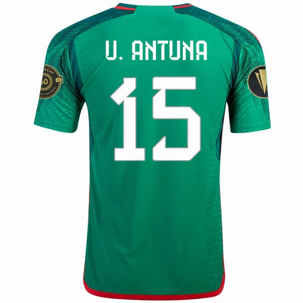 adidas Mexico Uriel Antuna Authentic Home Jersey w/ Gold Cup Patches 22/23 (Vivid Green) Contrast Trim Detailing Street Flex