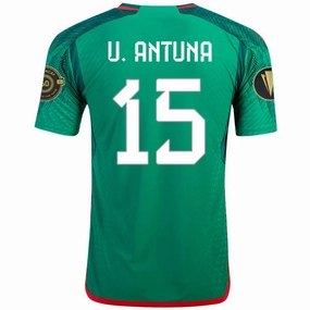 adidas Mexico Uriel Antuna Authentic Home Jersey w/ Gold Cup Patches 22/23 (Vivid Green) Contrast Trim Detailing Street Flex