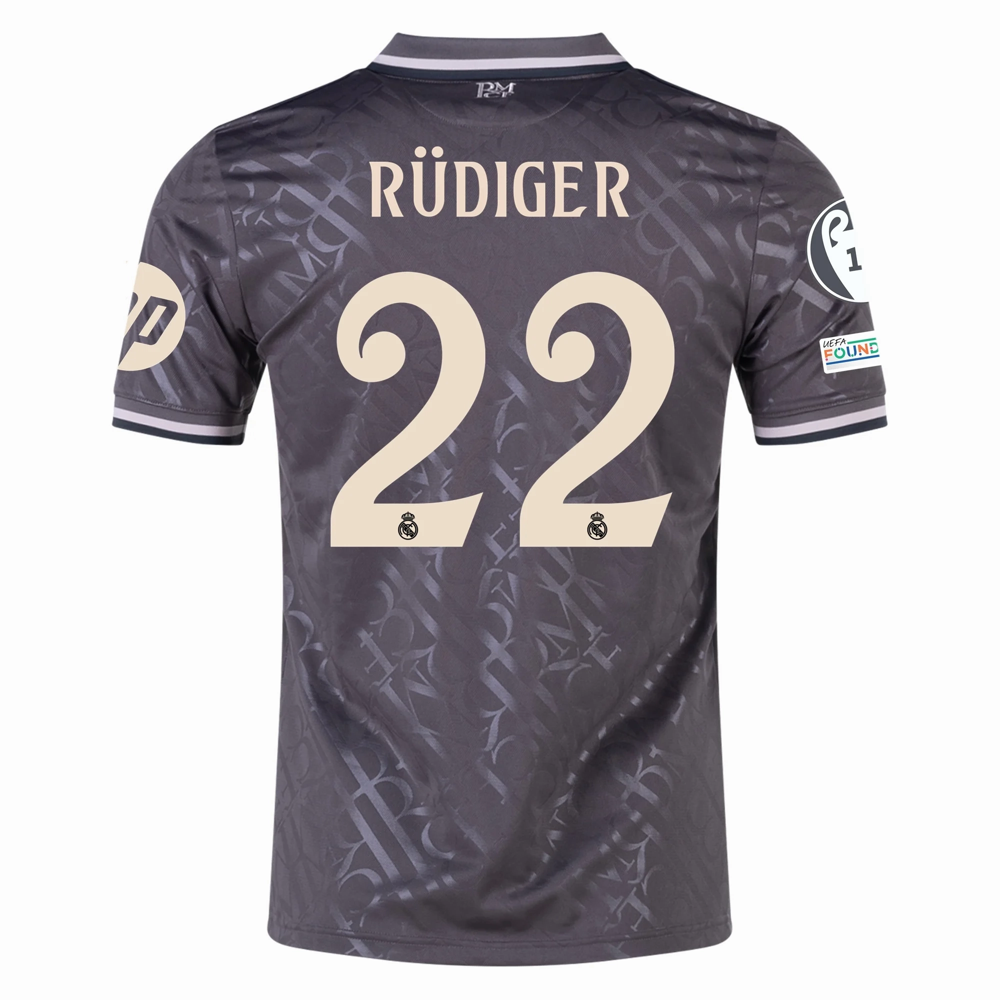 Indoor Workout Modern Athletic Cut adidas Real Madrid Antonio Rudiger Third Jersey w/ Champions League Patches   HP Sponsor 24/25 (Charcoal)