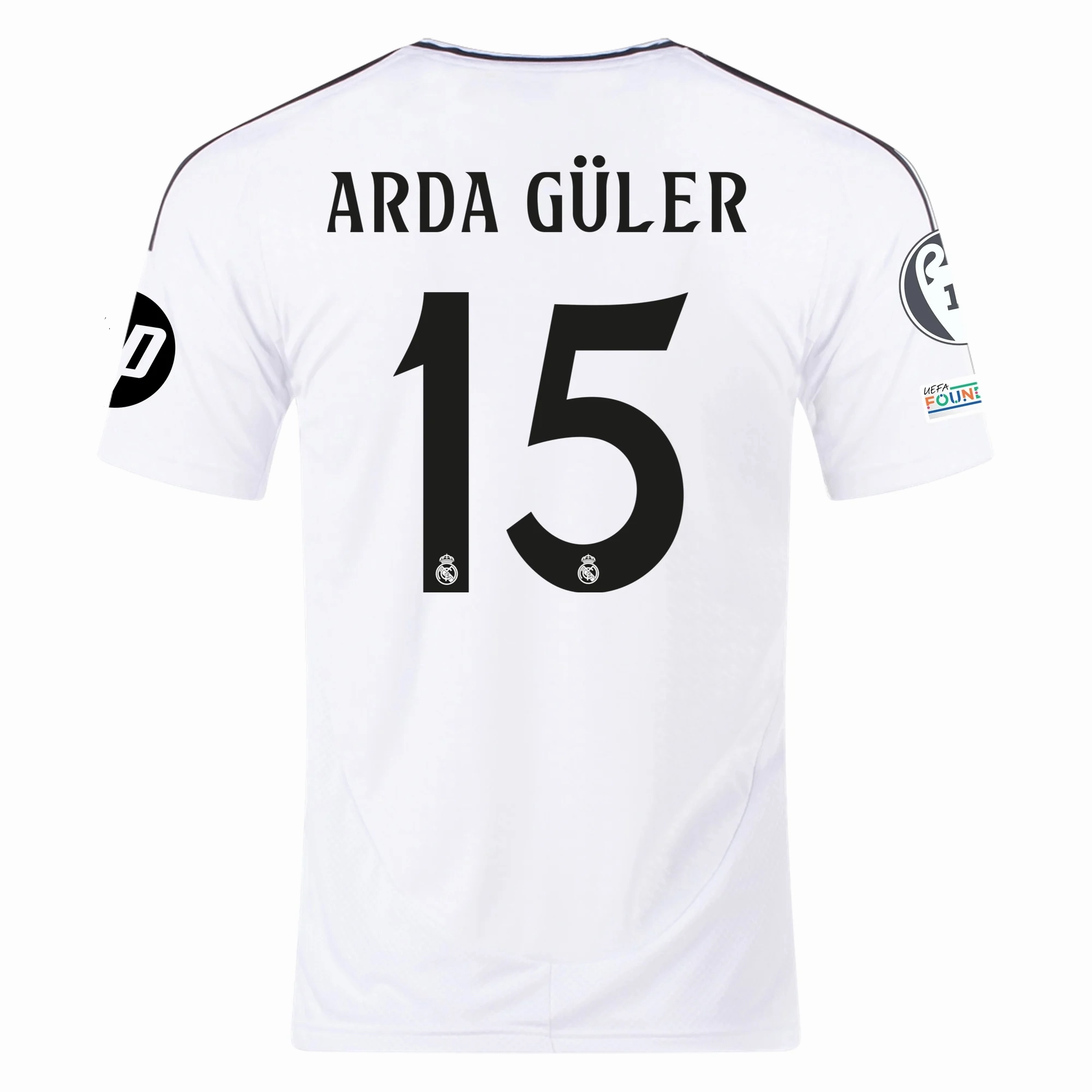 Speed Fit Seam Free Underarm Venting adidas Real Madrid Arda Guler Home Jersey 24/25 w/ Champions League Patches (White/Black)