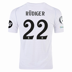 adidas Real Madrid Authentic Antonio Rudiger Home Jersey w/ Champions League Patches 24/25 (White/Black) Bemberg Collar Finish