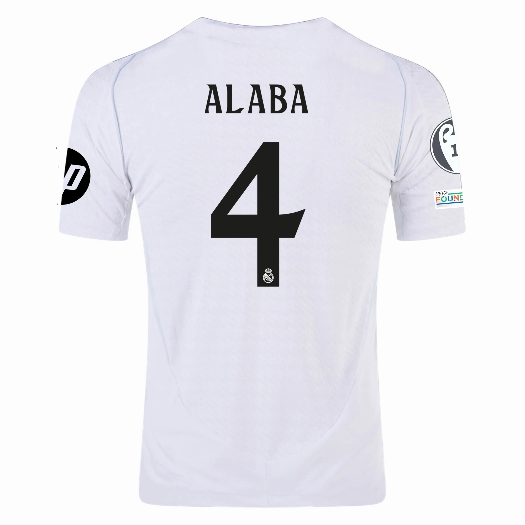 adidas Real Madrid Authentic David Alaba Home Jersey w/ Champions League Patches 24/25 (White/Black) Eco Conscious Dye Process Ribbed Hem Detail