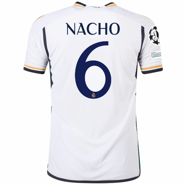 Muscle Motion Friction Free Zipper Guard adidas Real Madrid Authentic Nacho Home Jersey w/ Champions League   Club World Cup Patches 23/24 (White)