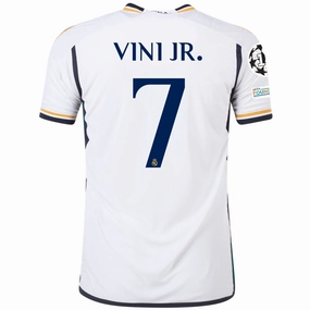 adidas Real Madrid Authentic Vini Jr. Home Jersey w/ Champions League   Club World Cup Patches 23/24 (White) Classic Crew Neck Design Flexible Yoke Design