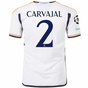 adidas Real Madrid Dani Carvajal Home Jersey w/ Champions League   Club World Cup Patches 23/24 (White) Contrast Trim Detailing Wrinkle Resistant Material