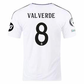 adidas Real Madrid Federico Valverde Home Jersey 24/25 w/ Champions League Patches (White/Black) Reflective Safety Trim