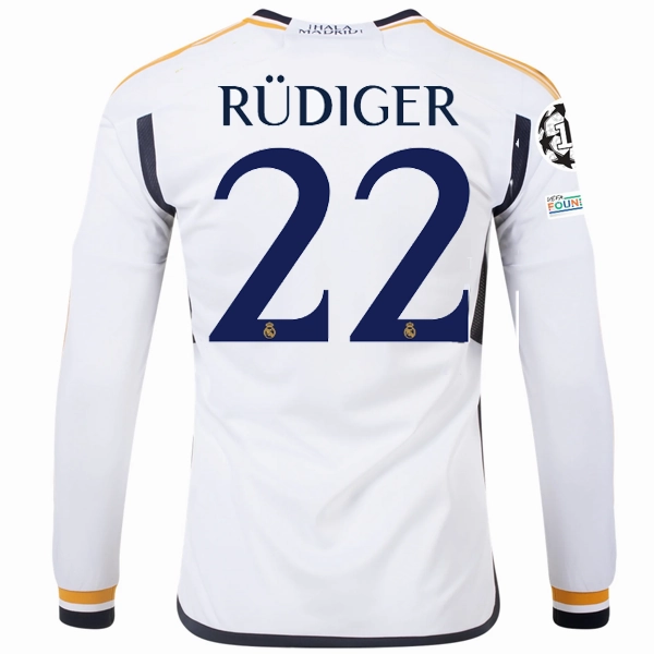 adidas Real Madrid Long Sleeve Antonio Rudiger Home Jersey w/ Champions League   Club World Cup Patches 23/24 (White) Reinforced Shoulder Panels Light Diffusion Knit