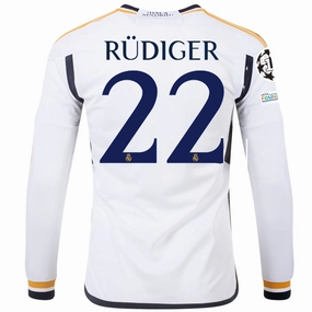 Lockstitch Detailing adidas Real Madrid Long Sleeve Antonio Rudiger Home Jersey w/ Champions League   Club World Cup Patches 23/24 (White)