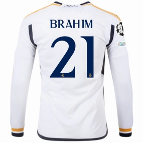 adidas Real Madrid Long Sleeve Brahim Diaz Home Jersey w/ Champions League   Club World Cup Patches 23/24 (White) High Visibility Details Hygroscopic Fiber Blend