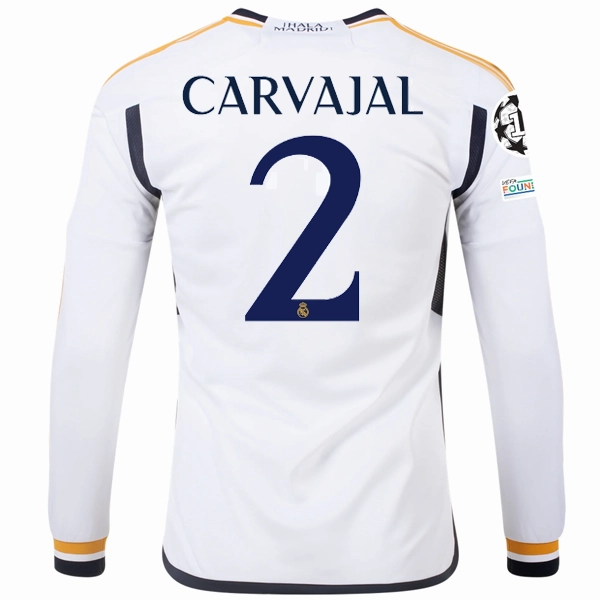 Anti Microbial Finish Breathe Zone adidas Real Madrid Long Sleeve Dani Carvajal Home Jersey w/ Champions League   Club World Cup Patches 23/24 (White)