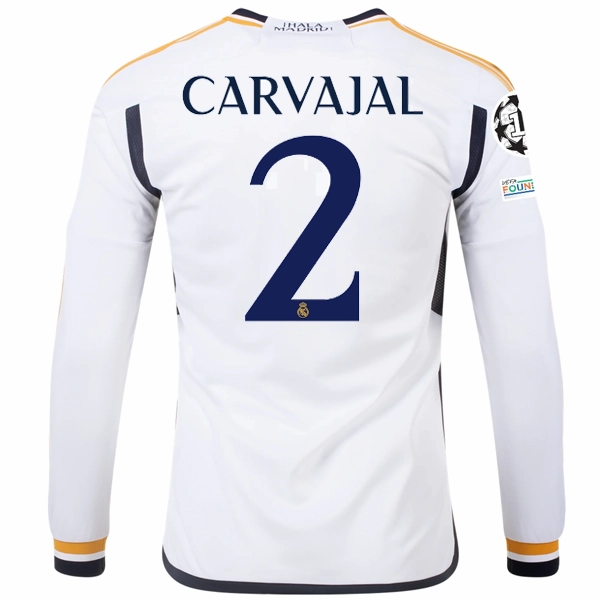 adidas Real Madrid Long Sleeve Dani Carvajal Home Jersey w/ Champions League   Club World Cup Patches 23/24 (White) Comfort Focused