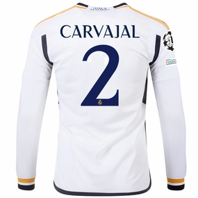 Anti Microbial Finish Breathe Zone adidas Real Madrid Long Sleeve Dani Carvajal Home Jersey w/ Champions League   Club World Cup Patches 23/24 (White)