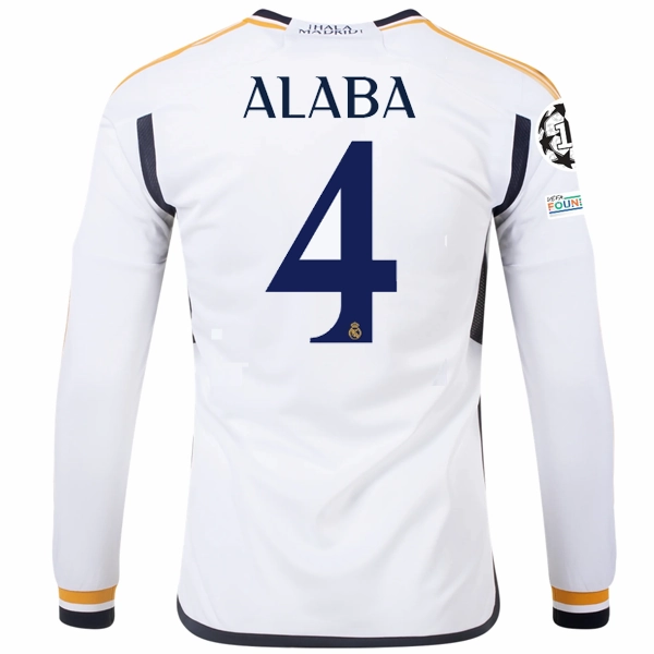 Athletic Wear Double Stitched Edging adidas Real Madrid Long Sleeve David Alaba Home Jersey w/ Champions League   Club World Cup Patches 23/24 (White)