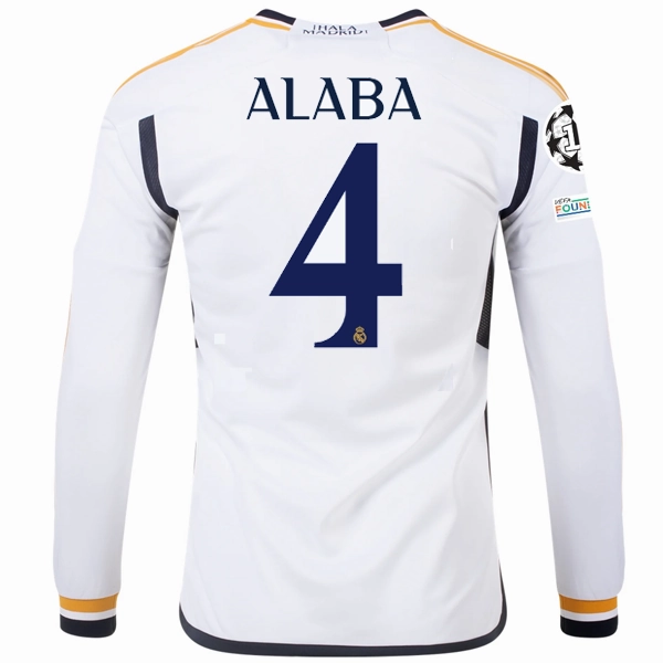 Double Layered Thermal Insulation Four Way Stretch Material adidas Real Madrid Long Sleeve David Alaba Home Jersey w/ Champions League   Club World Cup Patches 23/24 (White)