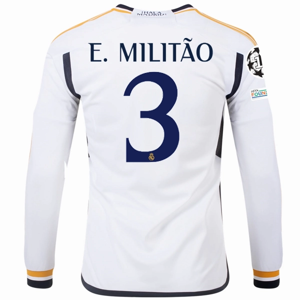 adidas Real Madrid Long Sleeve Eder Militao Home Jersey w/ Champions League   Club World Cup Patches 23/24 (White) Rapid Dry Yarn Dyed Fabric