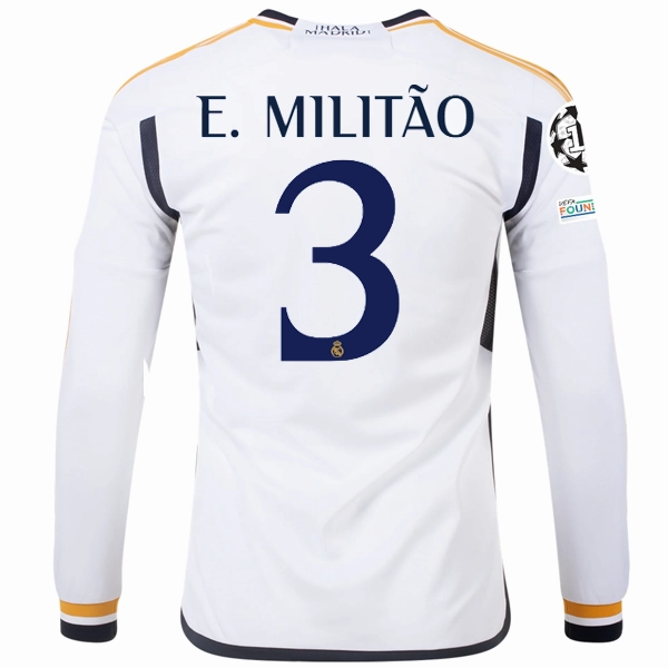 adidas Real Madrid Long Sleeve Eder Militao Home Jersey w/ Champions League   Club World Cup Patches 23/24 (White) Rugged Wear Silky Smooth
